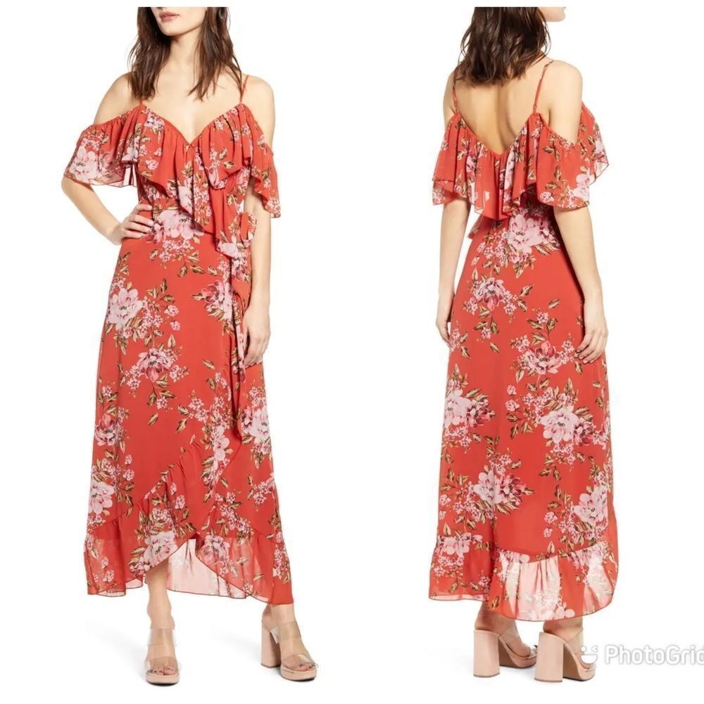 WAYF Chiffon Wrap Dress Small Red Floral Off The Shoulder Wedding Guest Romantic